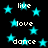 Black background with cyan stars and white text words 'live', 'love', 'dance' scattered across the image.