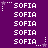 Purple background with white pixelated text 'SOFIA' repeated in a pattern, each text block accompanied by a small white star and dotted line animation element