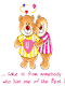 Two teddy bears in yellow and pink striped pajamas hold a heart-shaped pillow, standing under a halo with red and blue dots on gray background.