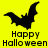 Yellow background with three black bat silhouettes and "Happy Halloween" text in pixelated font across four