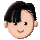 Pixelated cartoon head with black hair, light skin, and two distinct facial expressions against a gray background.
