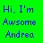 Blue pixelated text on a bright green background reads "Hi, I'm Awsome Andrea." in three lines.