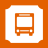 Pixelated orange bus icon with white background and rounded corners, featuring rectangular windshield, two square headlights, and two wheels.