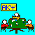 Animated pixel art of green tables with people, red and white signs, orange chairs, and text labels on a blue background.
