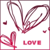 Red hand-drawn heart shapes and the word LOVE on a white background with a thin red border.