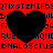 Red background with black heart shapes and repeating alphanumeric text patterns.