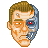 Pixelated head with half-human, half-mechanical face showing exposed circuitry and red eye component on the right side.