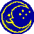 A circular blue icon with a yellow crescent moon and five yellow stars on a gray background.