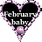 Heart-shaped icon with purple and white striped border, black interior text "February baby" in white font, pink gem-like object at bottom center.