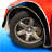 Pixelated close-up of a car wheel with silver alloy rim, black tire, and red vehicle body against blue background.