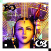 Animated avatar of a stylized figure with golden-yellow face, purple hair, and red headpiece against ornate background with green and purple elements.