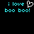 Pixelated cyan text 'i love boo boo!' on black background with white heart symbol replacing the word 'heart' in first instance.