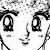 Pixelated grayscale face with large oval eyes, thick eyebrows, and a small curved mouth on a white background.
