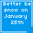 Blue square icon with white pixelated text reading "Better be snow on January 25th" and a small heart symbol in the bottom-right corner.