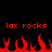 Red pixelated text 'lax rocks' appears twice above red flame shapes on a black background.