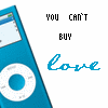Blue iPod with white click wheel and screen, paired with text about buying love and iPods in a