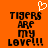 Pixelated orange background with black text reading 'TIGERS ARE MY LOVE!!!' and a white pixel heart above the text, displayed in two identical side-by-side
