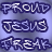 Pixelated text displays 'PROUD', 'JESUS', and 'FREAK' in three across two identical side-by-side with blue-purple gradient background
