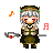 Pixel art character with silver hair and green headband holding a staff, surrounded by colored musical notes in four variations.