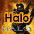 A pixelated image split into two sections: left shows a Halo character with orange 'Halo' and black 'ROCKS' text over fiery background; right displays a swirling blue-and-white pattern with large number 3.