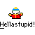 A static contact sheet of a pixel art buddy icon featuring a stick figure character in red clothing with blue and yellow headgear, displayed alongside promotional text for 'badassbuddy.com' on a gray background.