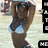 A woman in a light blue bikini top stands on a beach with arms raised, surrounded by black text blocks containing partial words.