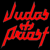 Red cursive text 'Vudos of Poosy' on black background next to pixelated person holding microphone against blue backdrop.