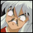 A 48x48 pixel buddy icon featuring a split composition with an anime character on the left and stylized text on the right against a black background.