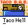 Animated contact sheet of a pixel art taco bar scene with character interactions and text bubbles across multiple frames.