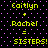 Pixelated text on black background with purple dots displays 'Caitlyn + Rachel = SISTERS!' in yellow-green font, repeated twice side-by-side.