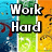 Pixelated text displays 'Work Hard' on left and 'Party Harder' on right over colorful striped background with red splatter effects.