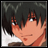 Pixelated anime-style character with dark hair and red eyes, next to stylized text on a black background.