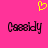 A static image with a bright pink background featuring a yellow pixelated heart above two identical pixelated text strings reading 'Cassidy' in dark purple.