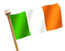 identical Irish flags on wooden poles, each flag displaying green, white, and orange vertical stripes against a gray background