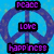 Pixelated icon with blue background, purple peace symbol overlay, and three black text boxes containing 'PEACE', 'LOVE', and 'HAPPINESS' in purple pixel font.