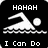 Black and white pixelated icon with swimming figure, text fragments, and gray overlay on right side.
