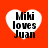 Four heart-shaped icons with black text "Miki loves Juan" on white hearts against a solid red background, arranged in a