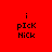Red background with black text 'i', 'pICk', and 'NiCK' arranged in a , partially overlaid by white rectangular bars