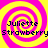 Four identical pixelated spiral patterns with yellow and pink colors, each containing text reading "Juliette Strawberry" in black font.