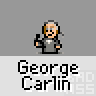 Animated contact sheet of George Carlin buddy icon frames showing facial expressions, text bubbles, and date stamps in pixel art style.