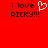 Red background with black text 'i love RICKY!!!' and a white pixelated heart symbol replacing the word 'heart'.