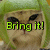 A pixelated cat face with green hair and black eyes, displaying 'Bring it!' text on the left frame transitioning to a neutral expression on the right frame.