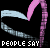 Animated icon with pink and light blue heart shapes on black background, displaying sequential text about hate and love.