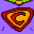 Pixelated static icon featuring a red and yellow shield-like shape with black outlines on purple background, partially visible green and brown elements above it.