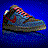Pixelated image of a shoe with multicolored upper on dark blue background, no visible text or motion.