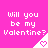 A pink background displays six identical 'Will you be my Valentine?' text blocks with heart-shaped icons, each block featuring a white triangular shape containing a pixelated heart.