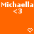 Orange background with repeated white text "Michaela" and "<3" symbols, featuring heart and downward arrow icons in a