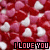 Red and white heart-shaped pattern with repeated 'I LOVE YOU' text at bottom, animated hearts floating upward.