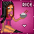 Pixel art contact sheet showing two frames of an animated buddy icon with a cartoon woman holding rice in a bowl, pink background, and heart symbols.