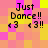 Pixelated text 'Just Dance!!' with heart symbols appears on a of pink, yellow, and orange squares